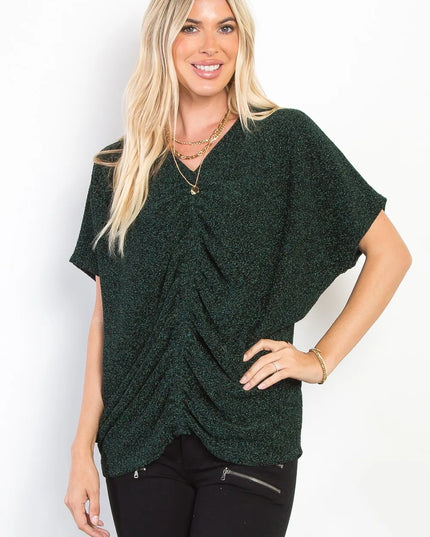 Be Stage Full Size Lurex Center Elastic Cinched Knit Top Hunter Green