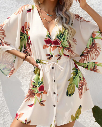 Color Block Drawstring Waist Button Up Dress Tan