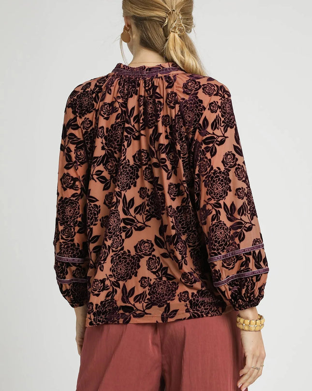 Umgee Floral Velvet Blouse with Balloon Sleeves