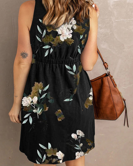 Double Take Printed Scoop Neck Sleeveless Buttoned Magic Dress with Pockets