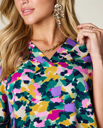 Double Take Full Size Printed V-Neck Short Sleeve Side Slit Top