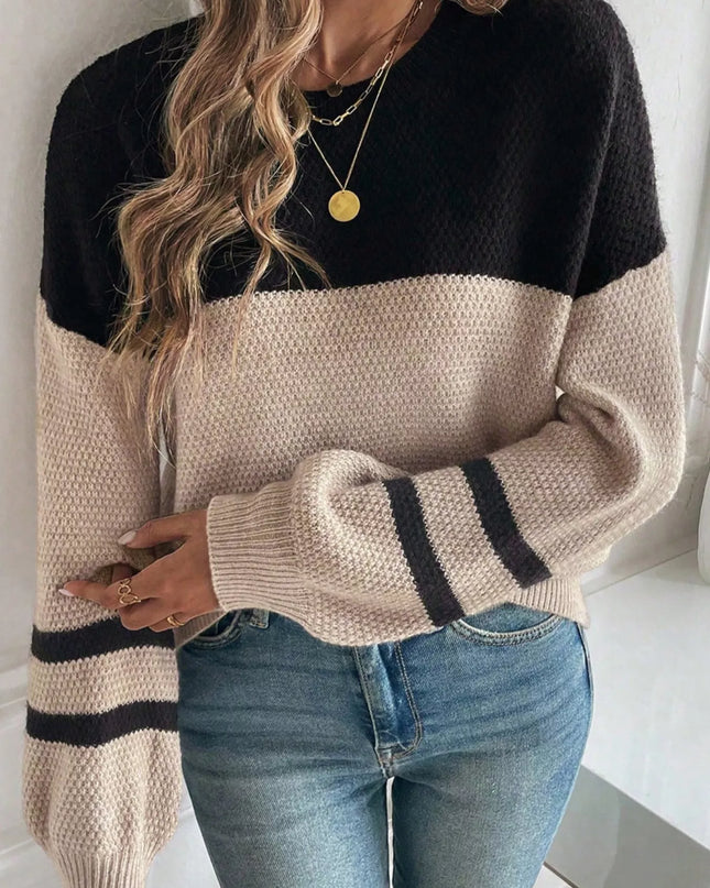 Color Block Knit Striped Sleeve Detail Casual Sweater