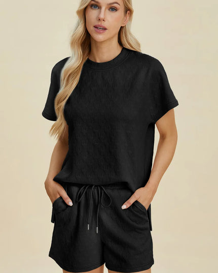Double Take Full Size Texture Round Neck Short Sleeve Top and Shorts Set Black