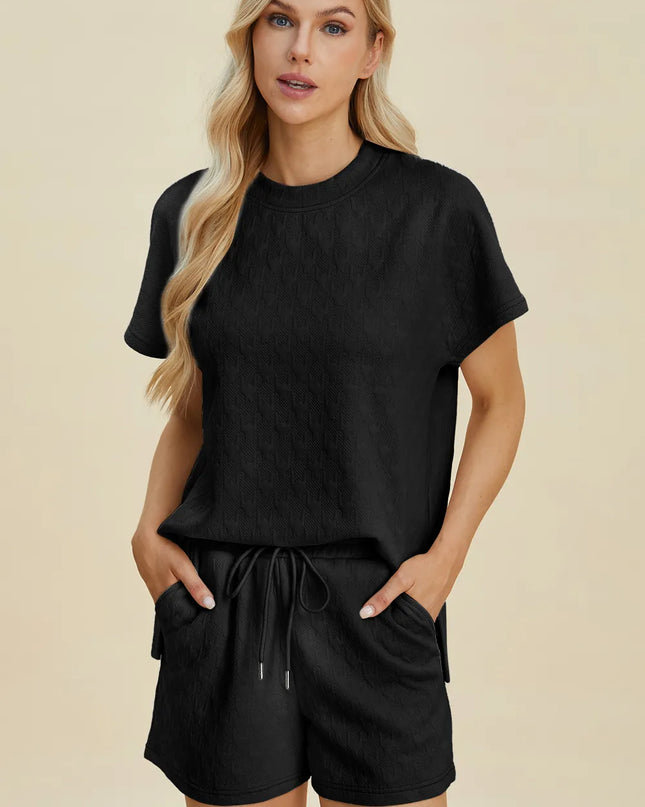 Double Take Full Size Texture Round Neck Short Sleeve Top and Shorts Set Black
