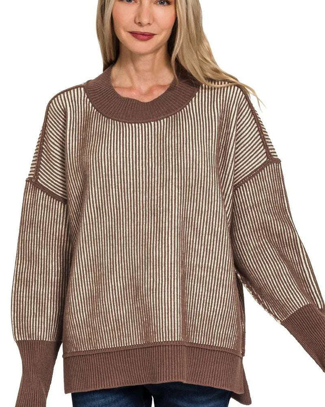 Zenana Exposed Seam Two Tone Ribbed Sweater BROWN