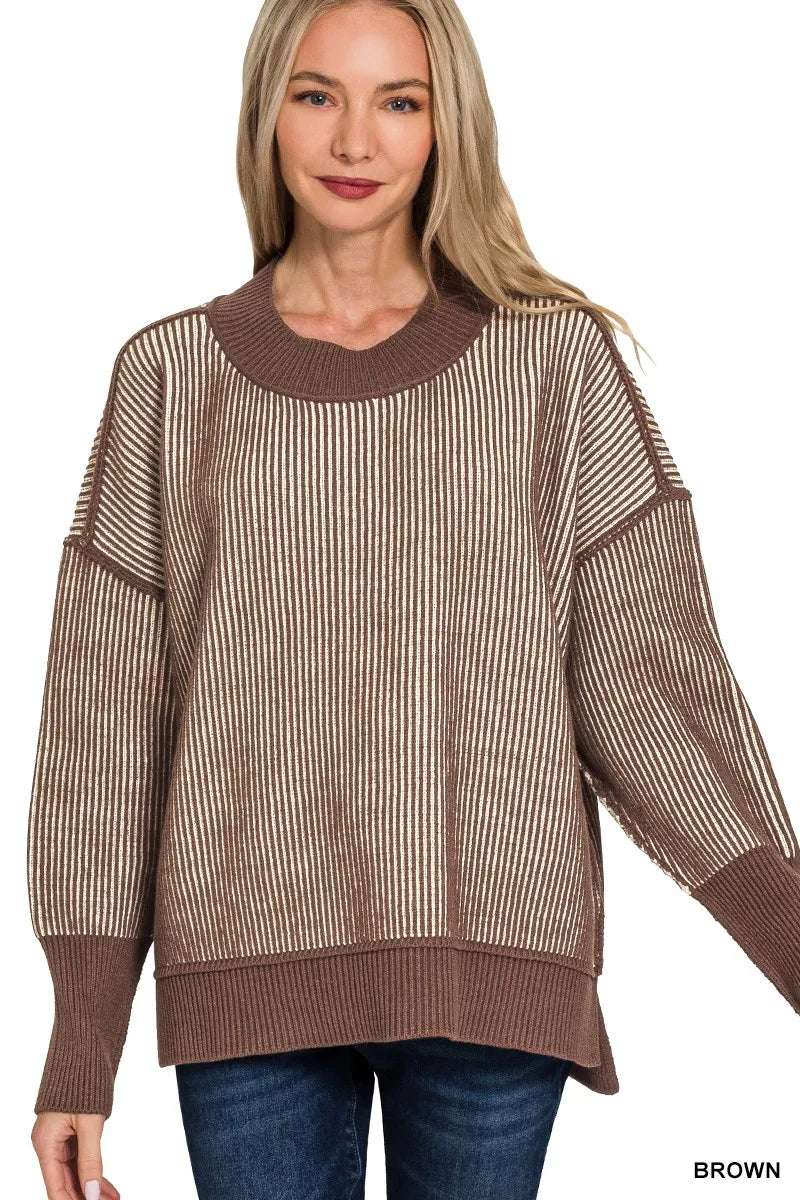 Zenana Exposed Seam Two Tone Ribbed Sweater BROWN