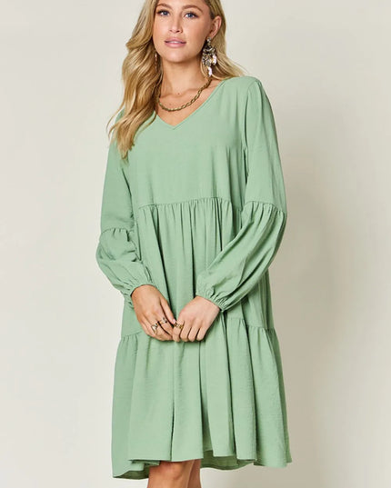 Double Take Full Size V-Neck Balloon Sleeve Tiered Dress with Pockets