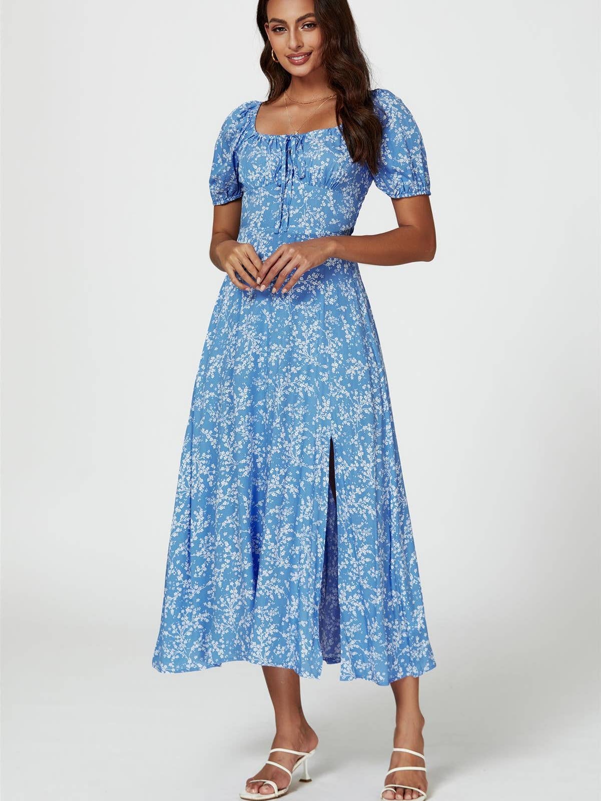 Floral Print Maxi Dress in Blue