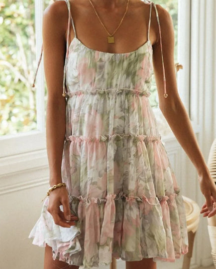 Frill Printed Square Neck Mini Cami Dress Blush Pink