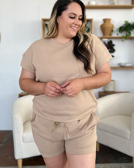 Double Take Full Size Texture Short Sleeve T-Shirt and Drawstring Shorts Set 