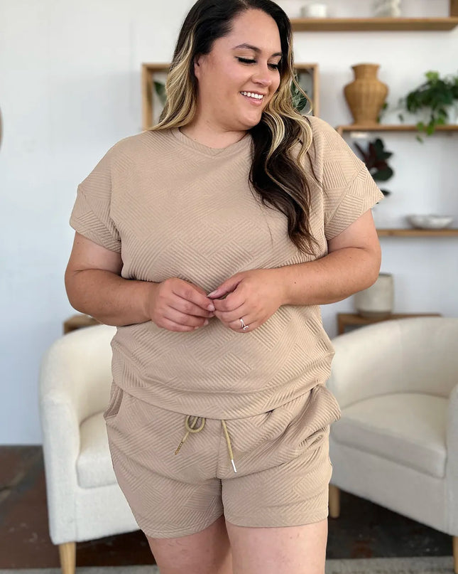 Double Take Full Size Texture Short Sleeve T-Shirt and Drawstring Shorts Set 