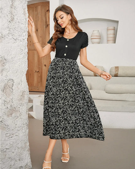 Printed Round Neck Short Sleeve Midi Dress