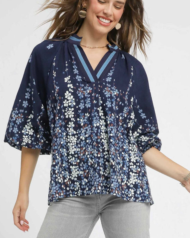 Umgee Full Size Floral Vine Print Blouse with Balloon Sleeves Plus Size MIDNIGHT
