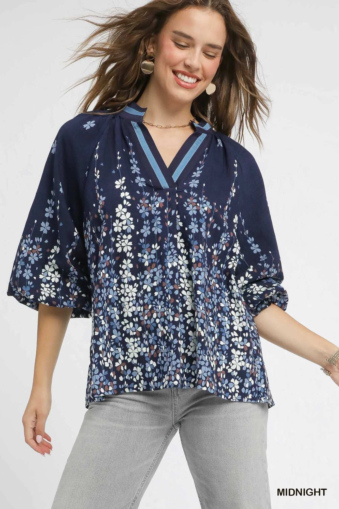 Umgee Full Size Floral Vine Print Blouse with Balloon Sleeves Plus Size MIDNIGHT