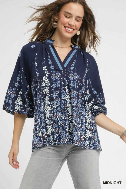 Umgee Full Size Floral Vine Print Blouse with Balloon Sleeves Plus Size MIDNIGHT