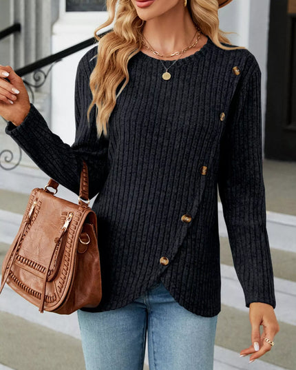 Ribbed Knit Decor Button T-Shirt