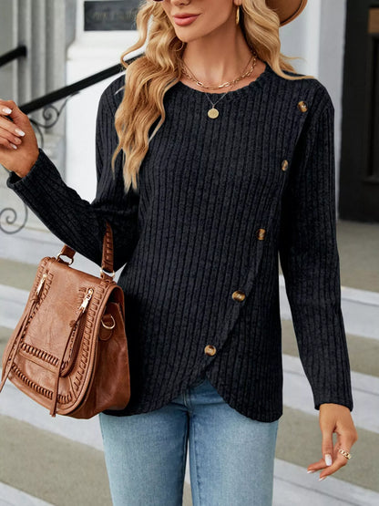 Ribbed Knit Decor Button T-Shirt