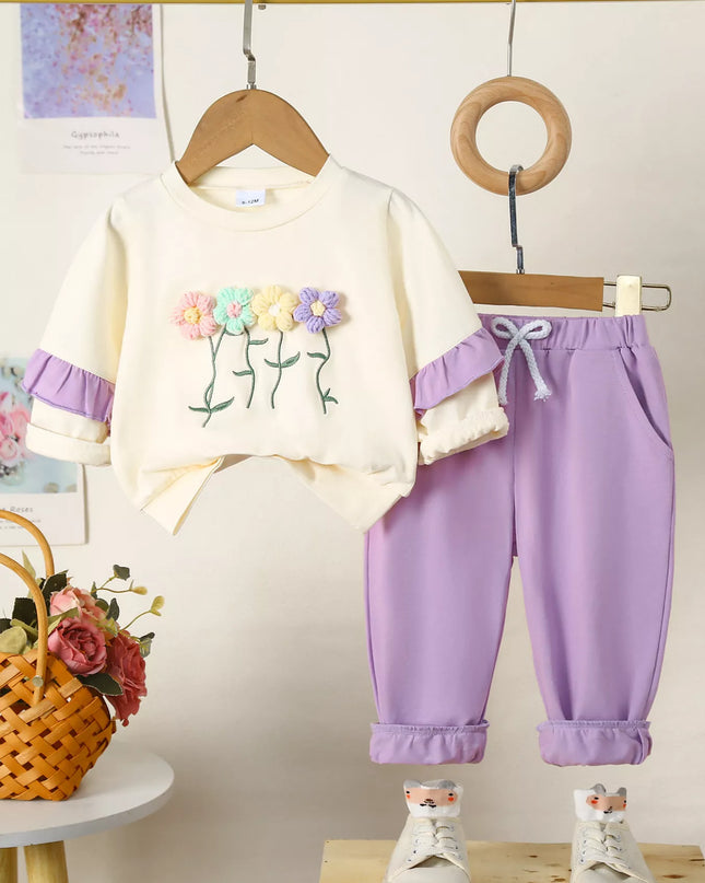 Children's Flower Long Sleeve Top and Pants Set Purple