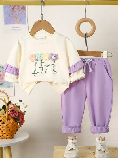 Children's Flower Long Sleeve Top and Pants Set Purple