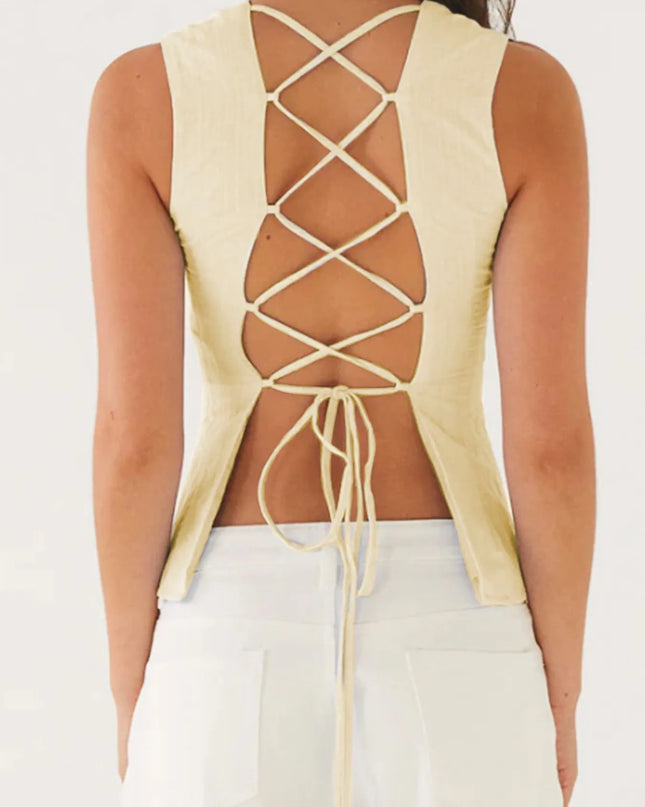 Back Lace Up Sleeveless Top with Cinched Waist Design