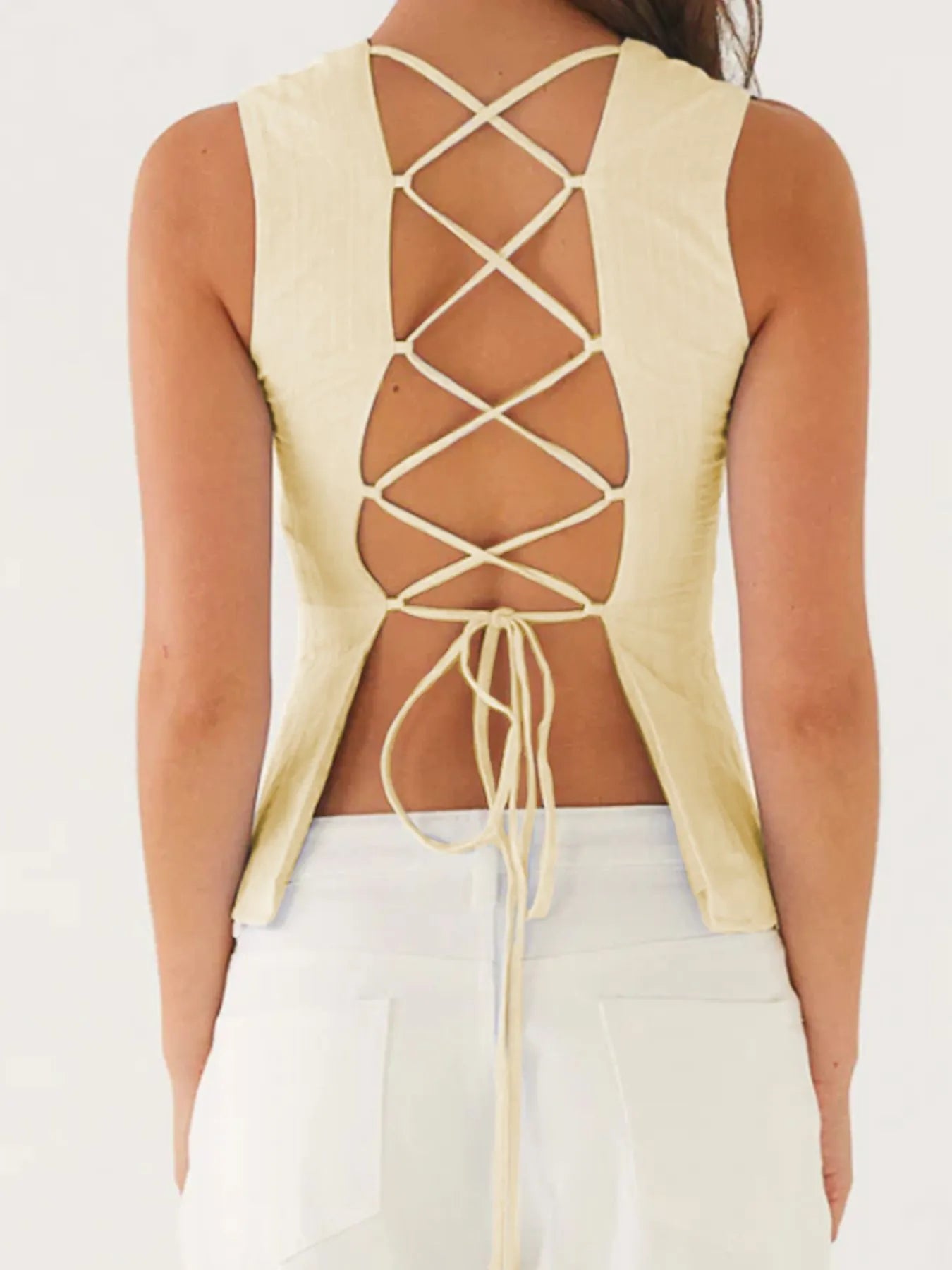 Back Lace Up Sleeveless Top with Cinched Waist Design