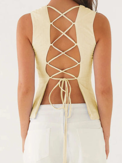 Back Lace Up Sleeveless Top with Cinched Waist Design
