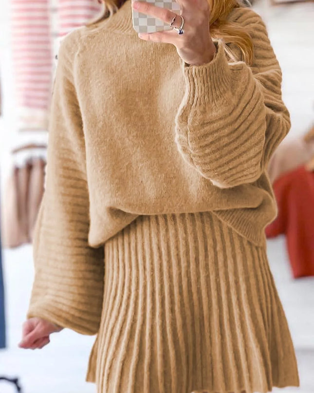 Ribbed Knit Long Sleeve Top and Skirt Sweater Set