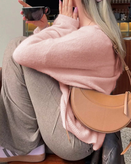 Ribbed Round Neck Dropped Shoulder Sweater