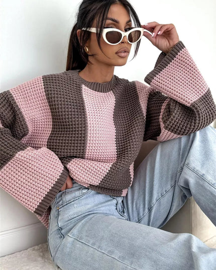 Color Block Long Sleeve Sweater Pink