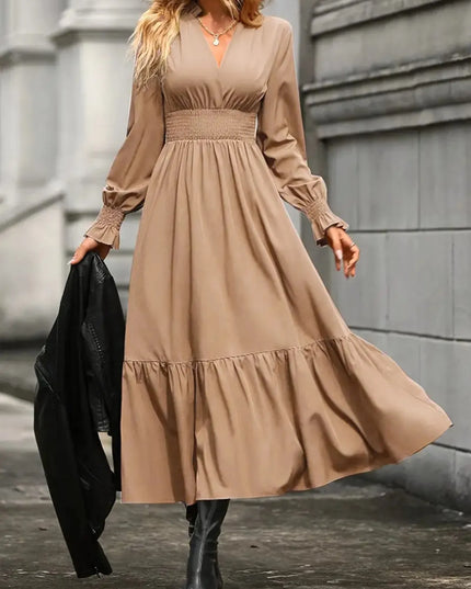Notched Long Sleeve Tiered Dress