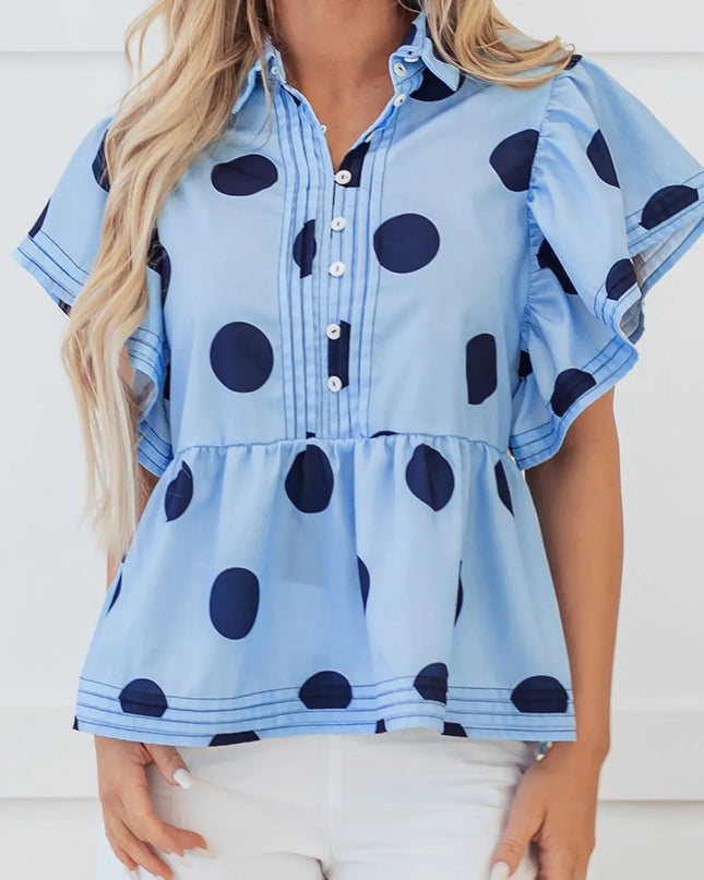 Polka Dot Print Ruffled Short Sleeve Buttoned Collared Blouse Light Blue