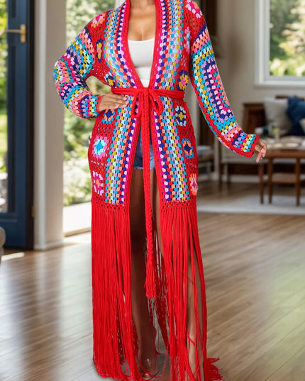 Fringe Tied Long Sleeve Cardigan Deep Red