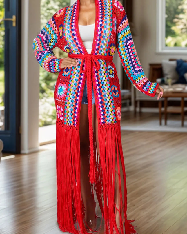 Fringe Tied Long Sleeve Cardigan Deep Red