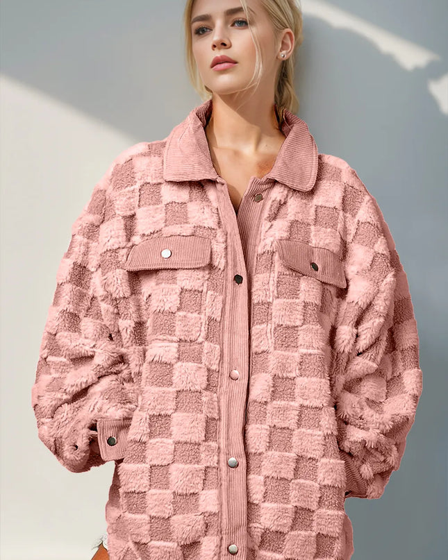 Double Take Button Up Fuzzy Checkered Shacket Dusty Pink