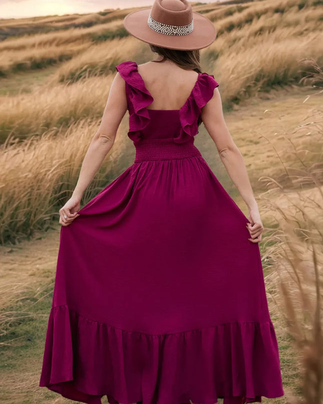 Ruffled Smocked Square Neck Maxi Dress