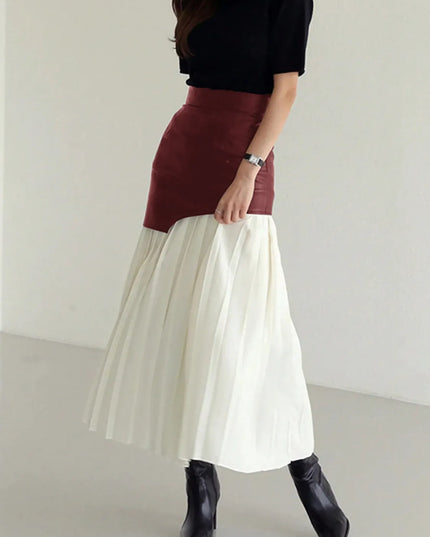 Patchwork Contrast Pleated Skirt