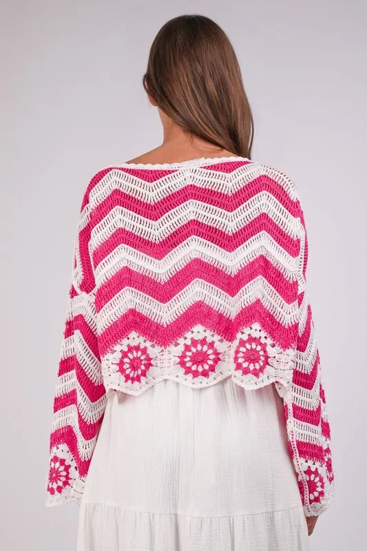 VERY J Chevron/Floral Pattern Crochet Knit Top