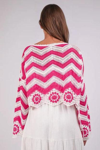 VERY J Chevron/Floral Pattern Crochet Knit Top