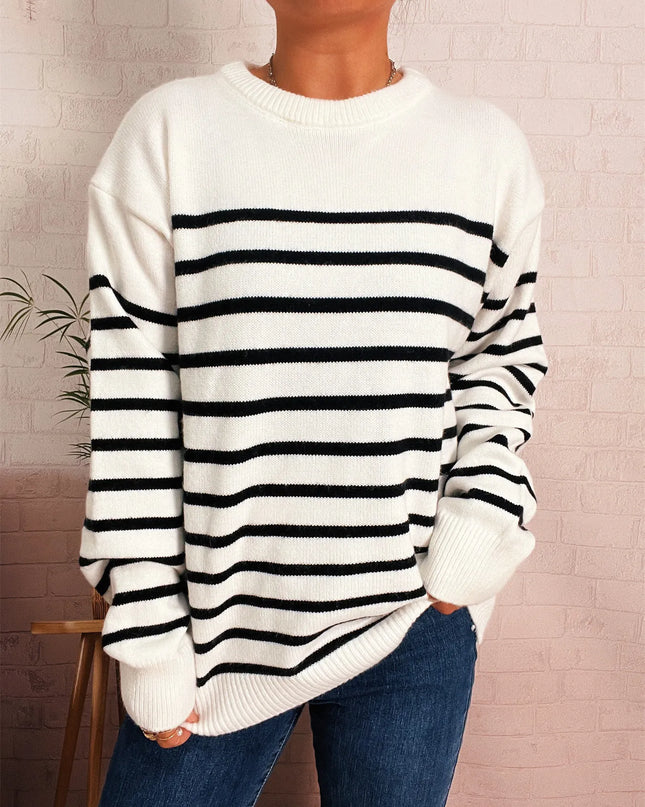 Striped Round Neck Drop Shoulder Sweater White One Size
