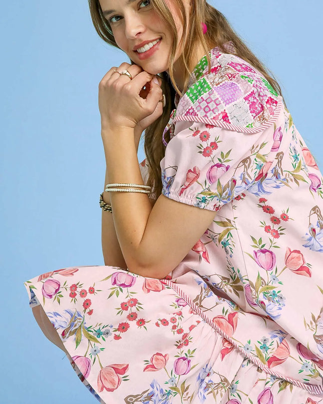 Umgee Floral Print Tie Neck Puff Sleeve Dress