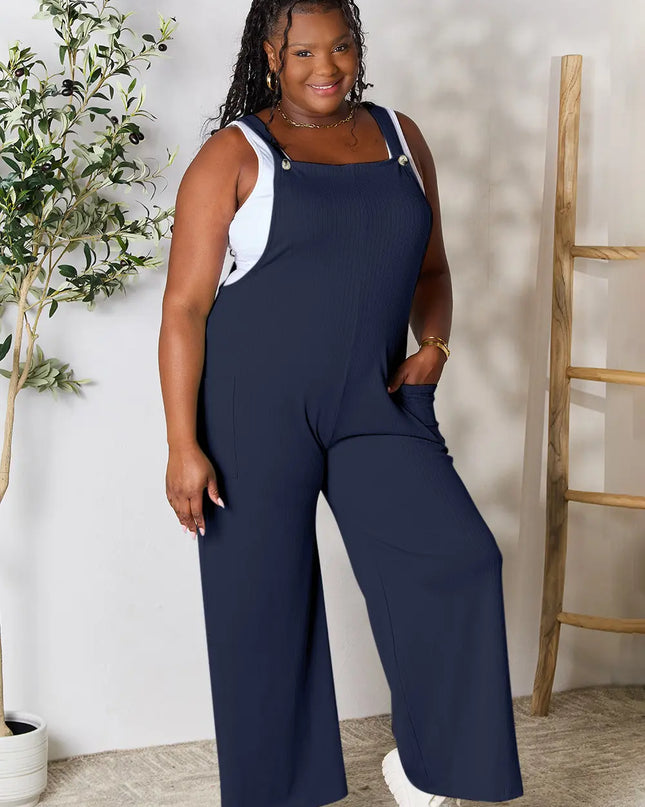 Double Take Full Size Wide Strap Overall with Pockets Dark Navy