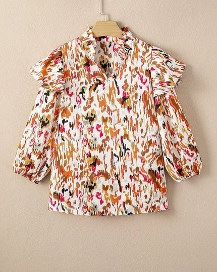 Abstract Print 3/4 Sleeve Ruffle Blouse
