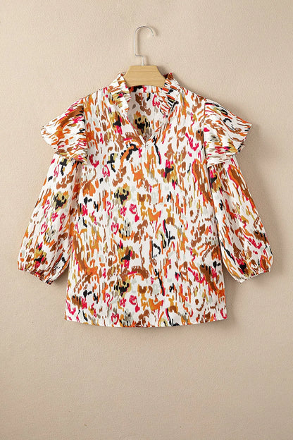 Abstract Print 3/4 Sleeve Ruffle Blouse