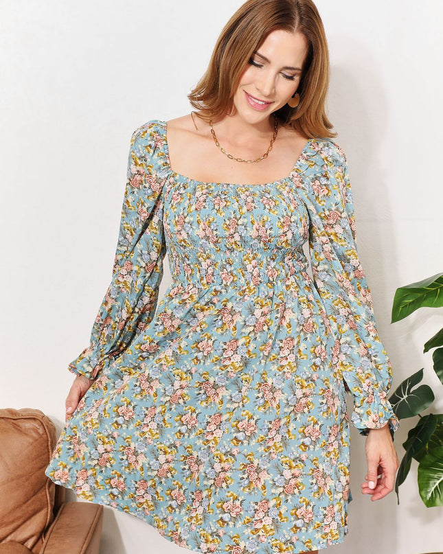 Honey Floral Smocked Flounce Sleeve Square Neck Dress Floral