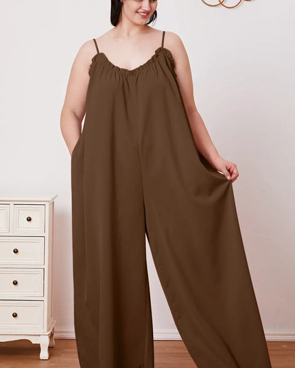 Double Take Full Size Ruffle Trim Tie Back Cami Jumpsuit with Pockets