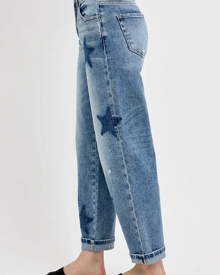 RISEN Full Size Mid Rise Boyfriend Star Shadow Detail Cuffed Jeans Plus Size