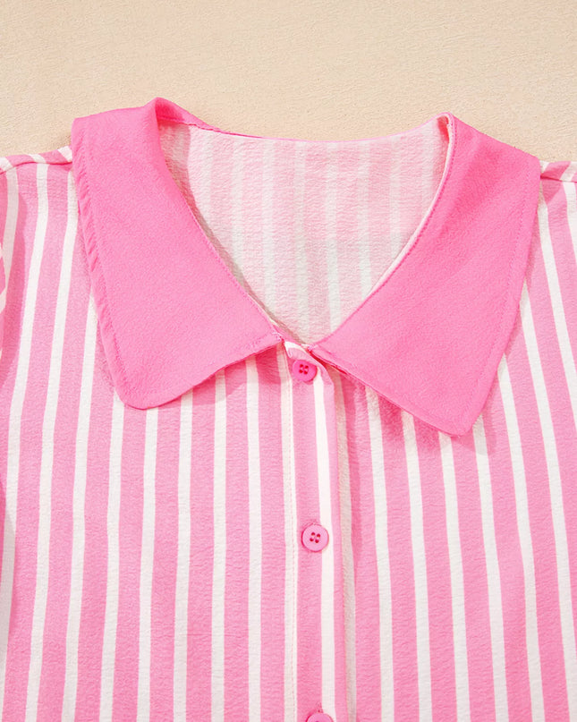 Stripe Buttoned Front Long Sleeve Top and Pants 2 Piece Sleepwear