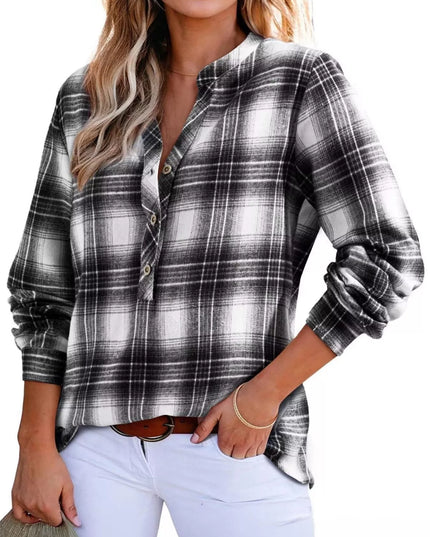 Plaid Half Button Long Sleeve Blouse