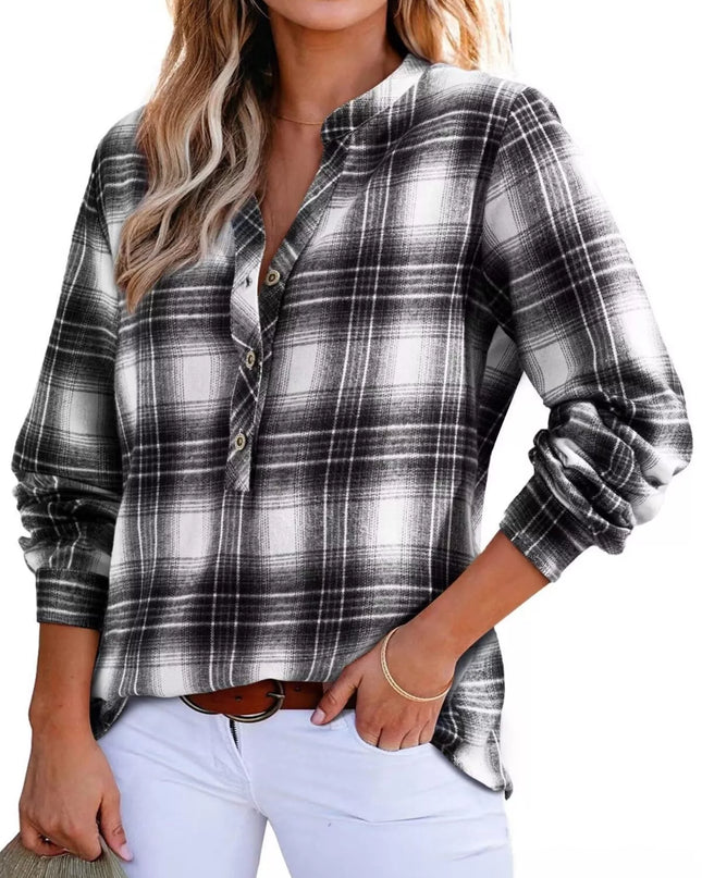 Plaid Half Button Long Sleeve Blouse