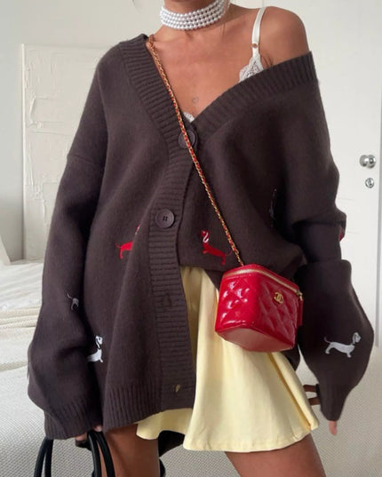 Embroidered Button Up Cardigan Brown
